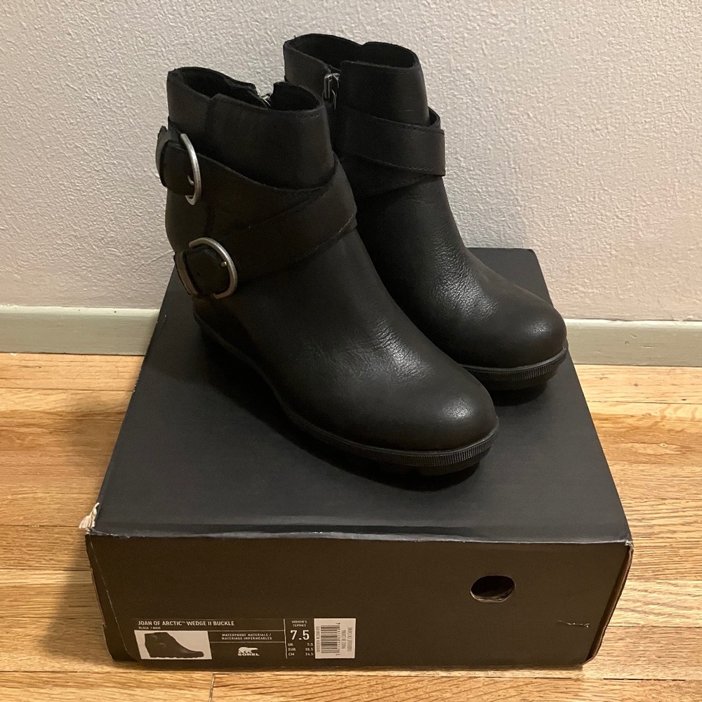 Sorel Black Leather Ankle Booties with Buckle Accent